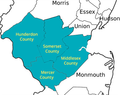Map of Middlesex, Mercer Hunterdon & Somerset Counties